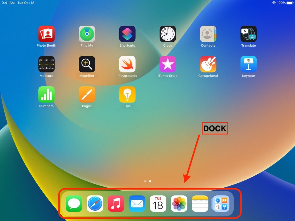 screenshot of iPad home screen with arrow pointing to the "dock"