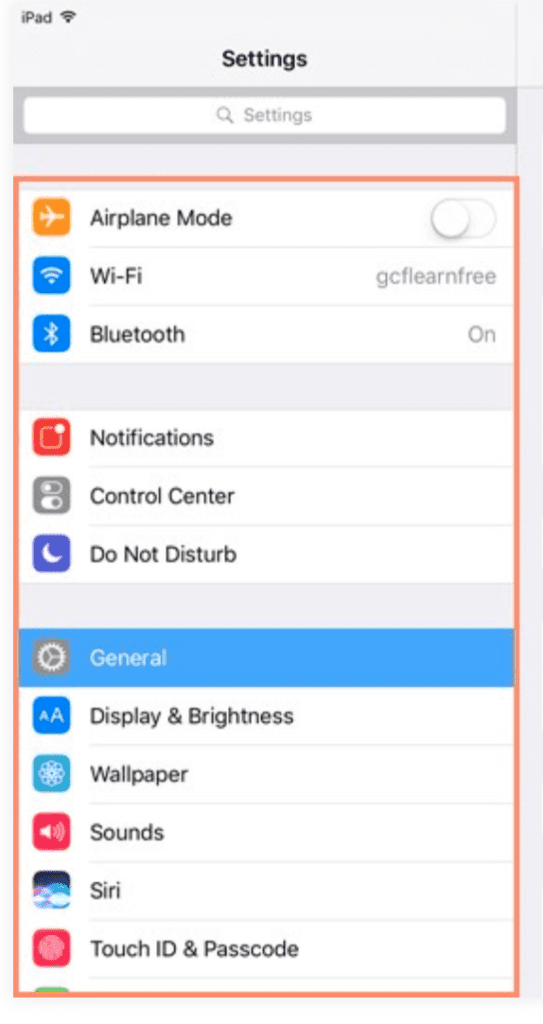 Screenshot of Settings menu