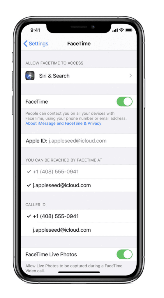 Facetime set-up screen