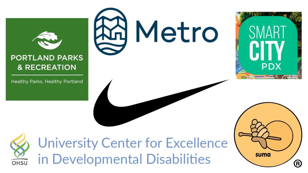 logos for Portland Parks and Recreation, Metro, Smart City PDX, Nike, OHSU University Center for Excellence in Developmental Disabilities, and Suma