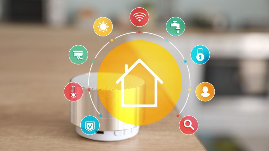 A smart home device surrounded by icons for smart home controls